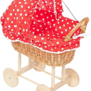 Rieten poppenwagen met stoffen kap/rood