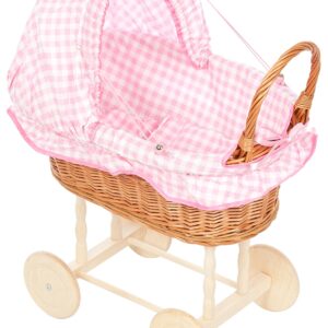 Rieten Poppenwagen Roze Ruit