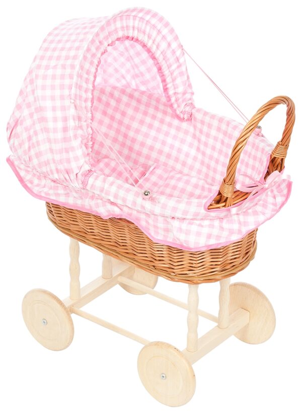 Rieten Poppenwagen Roze Ruit